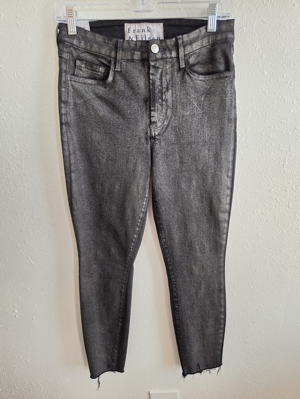 Frank & Eileen Sligo Jeans 28 Metallic Silver Black Coated Raw Hem Crop